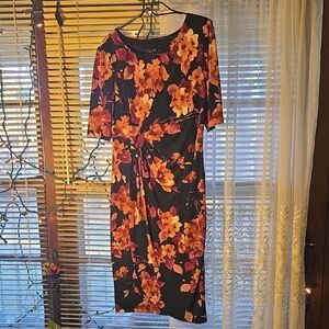 Connected Apparel Black and Orange Floral Midi Dress